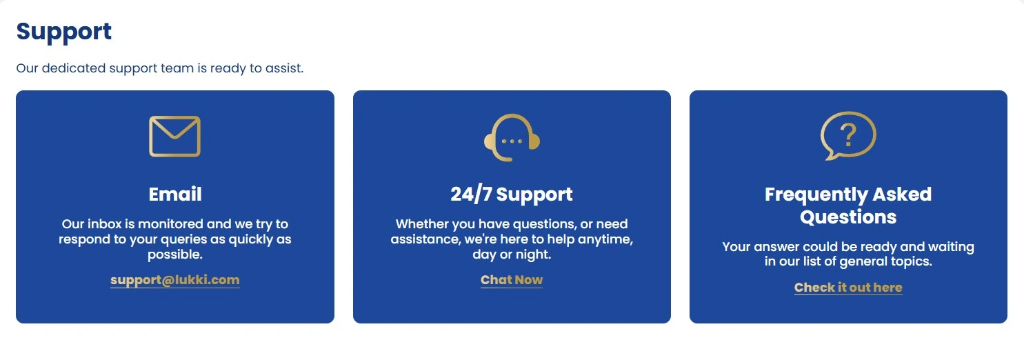 Lukki Casino customer support contact page