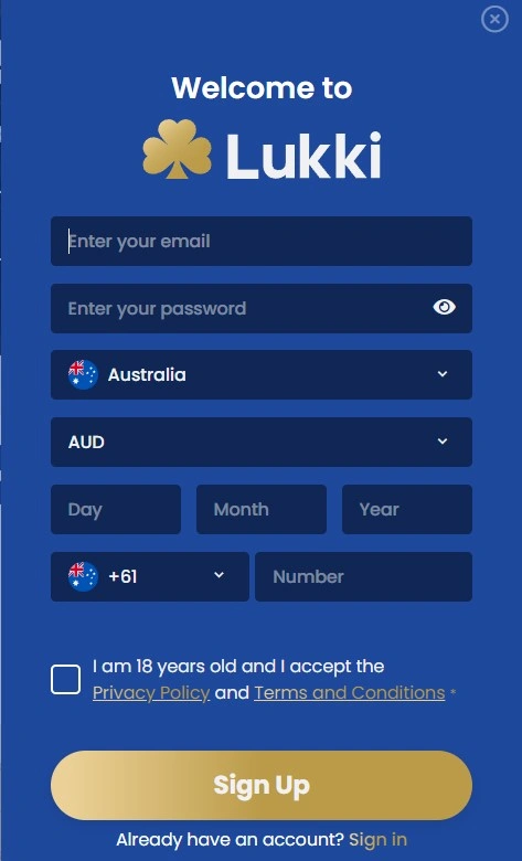 Lukki Casino sign up registration form